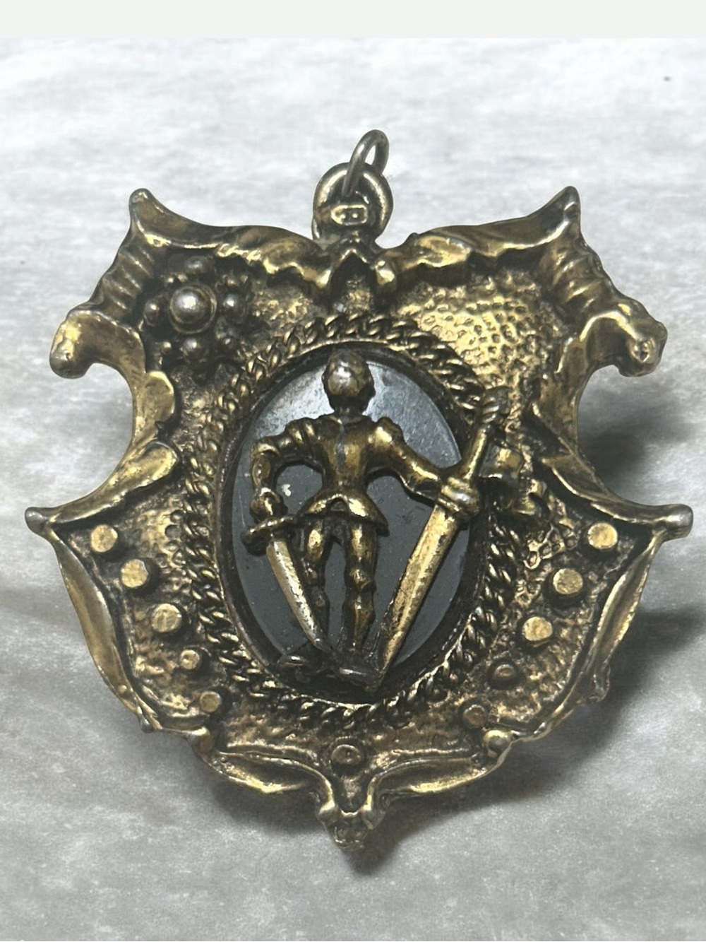 Vintage 1960’s Large Knight Shield Glass Pendant - Brass Tone